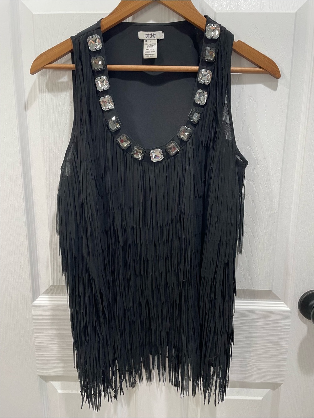 ✨ VINTAGE CACHÉ Rhinestone Jewel & Fringe Statement Tank Blouse ✨
